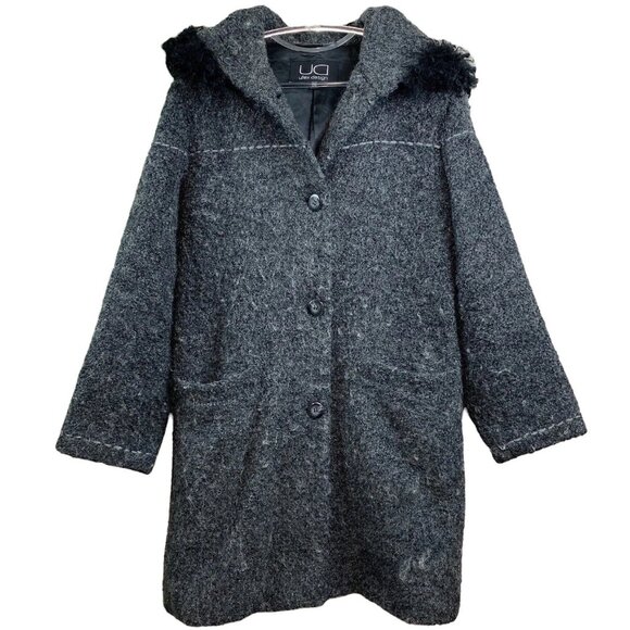 Utex Design Wool Blend Faux Fur Buttoned Hooded Coat Jacket Gray Black Sz Small - Picture 9 of 9